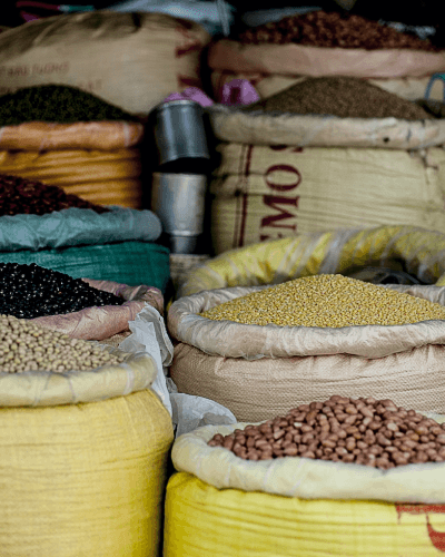 Assorted foods in barrels