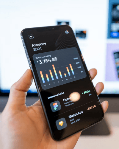 Person holding a phone showing expenses