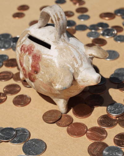 pink piggy bank with coins around it