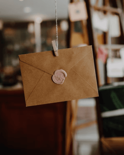 A brown envelope hanging
