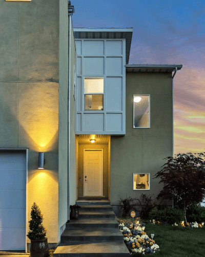 outdoor lamps turned on outside of home